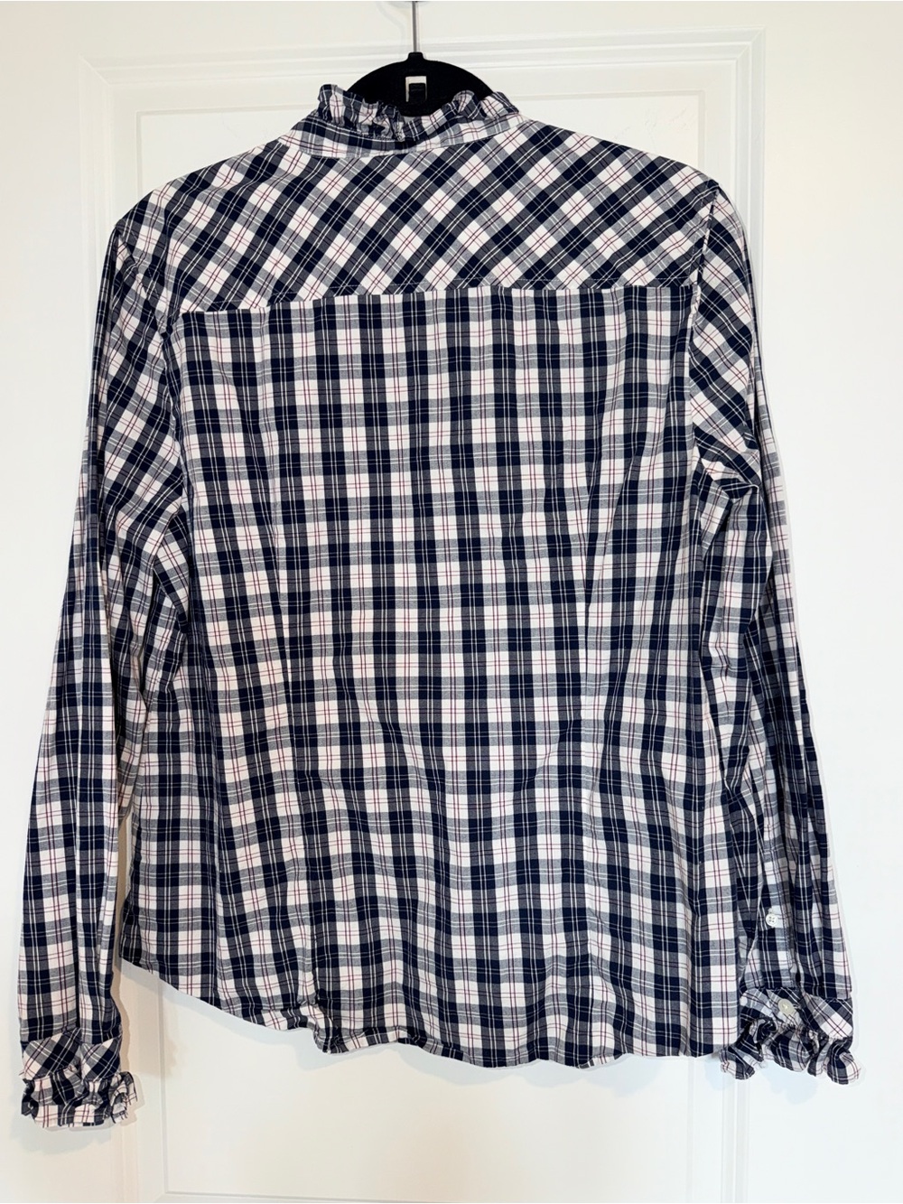 J.Crew Navy & White Plaid Ruffle Collar Button-Down Blouse - Picture 3 of 5
